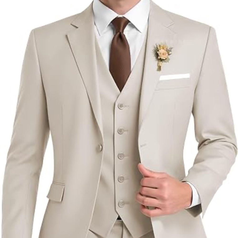 Wangyue Beige  Mens Suit 3 Piece Slim Fit Formal Business Wedding Sz XXL New